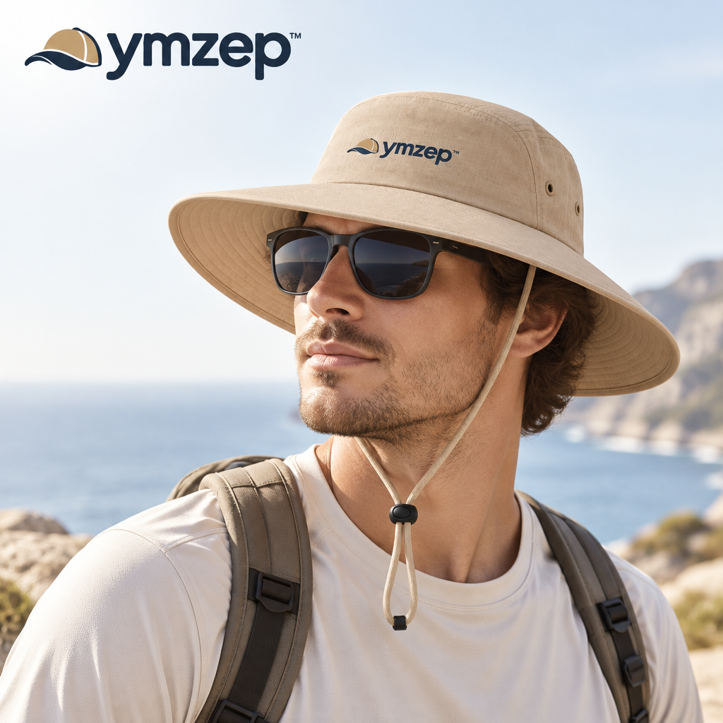 Khaki Wide-Brim Sun Hat with Chin Cord — Lifestyle