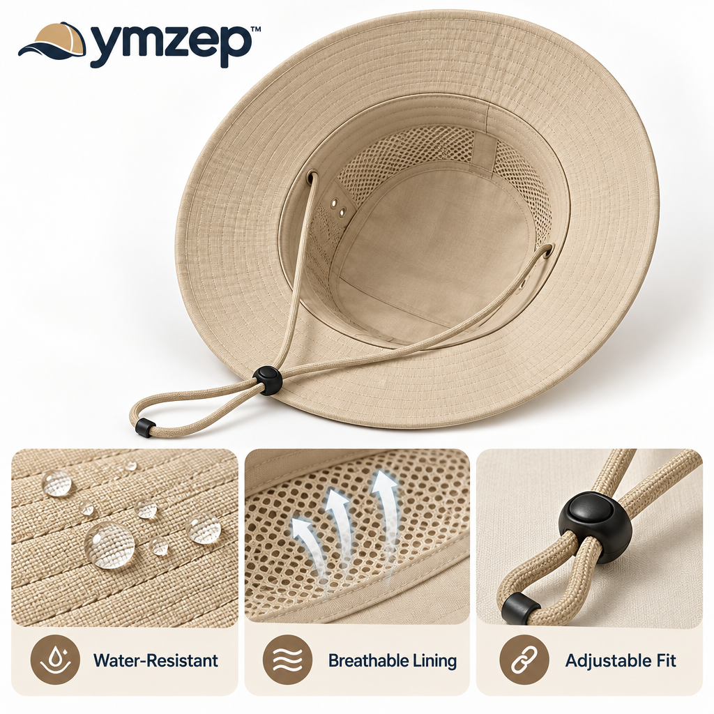Khaki Wide-Brim Sun Hat with Chin Cord — Details