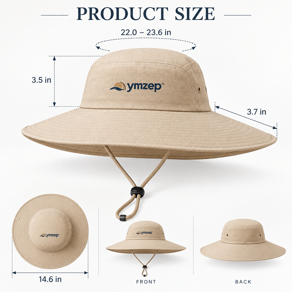 Khaki Wide-Brim Sun Hat with Chin Cord — Size